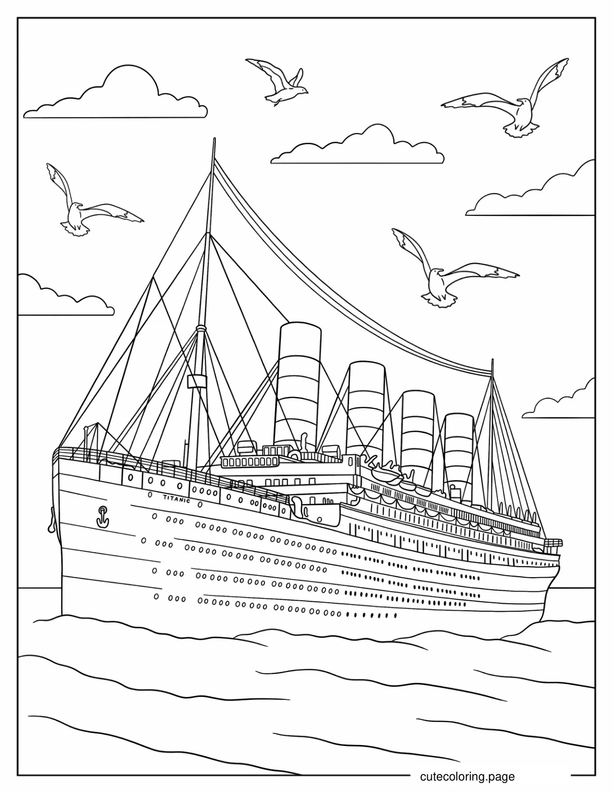 Titanic At Sea with Seagulls In Sky Coloring In coloring page