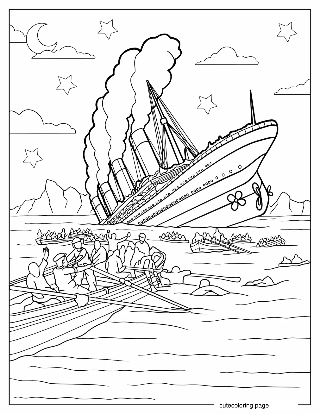 Titanic Survivors Rowing Away From Sinking Titanic To Color coloring page