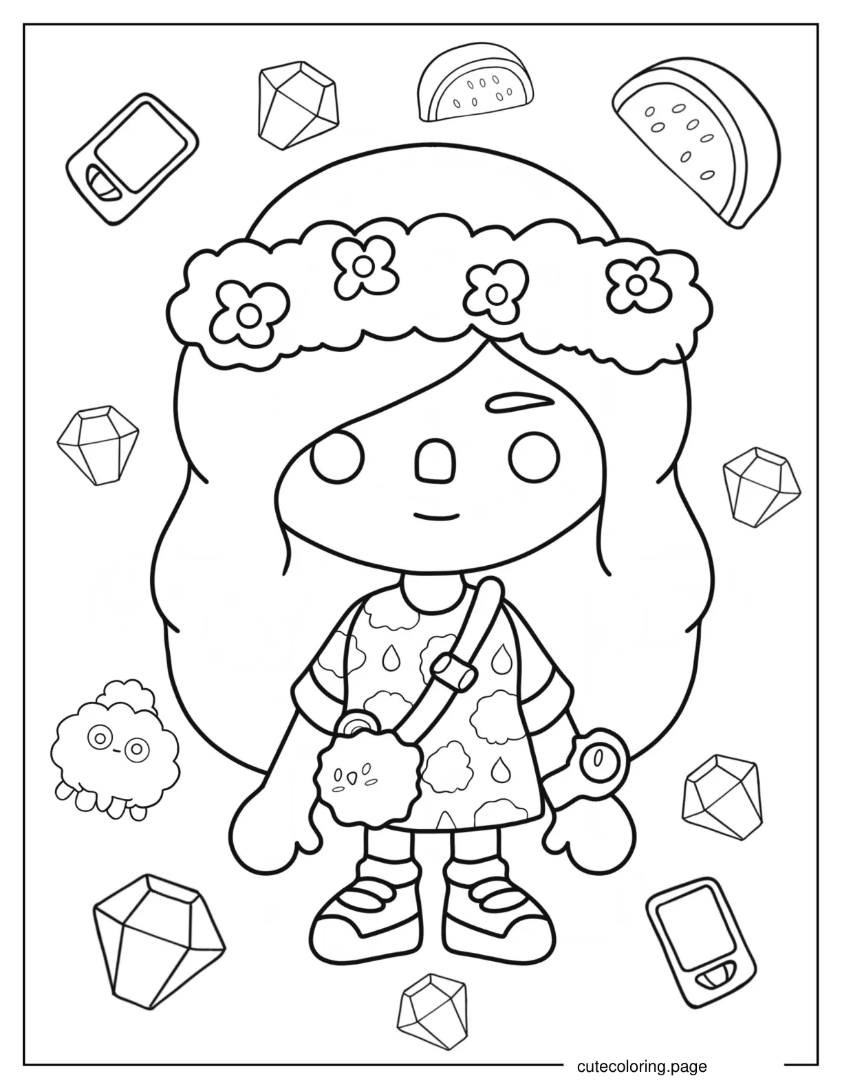 Cute Toca Boca Girl Wearing Flower Crown coloring page