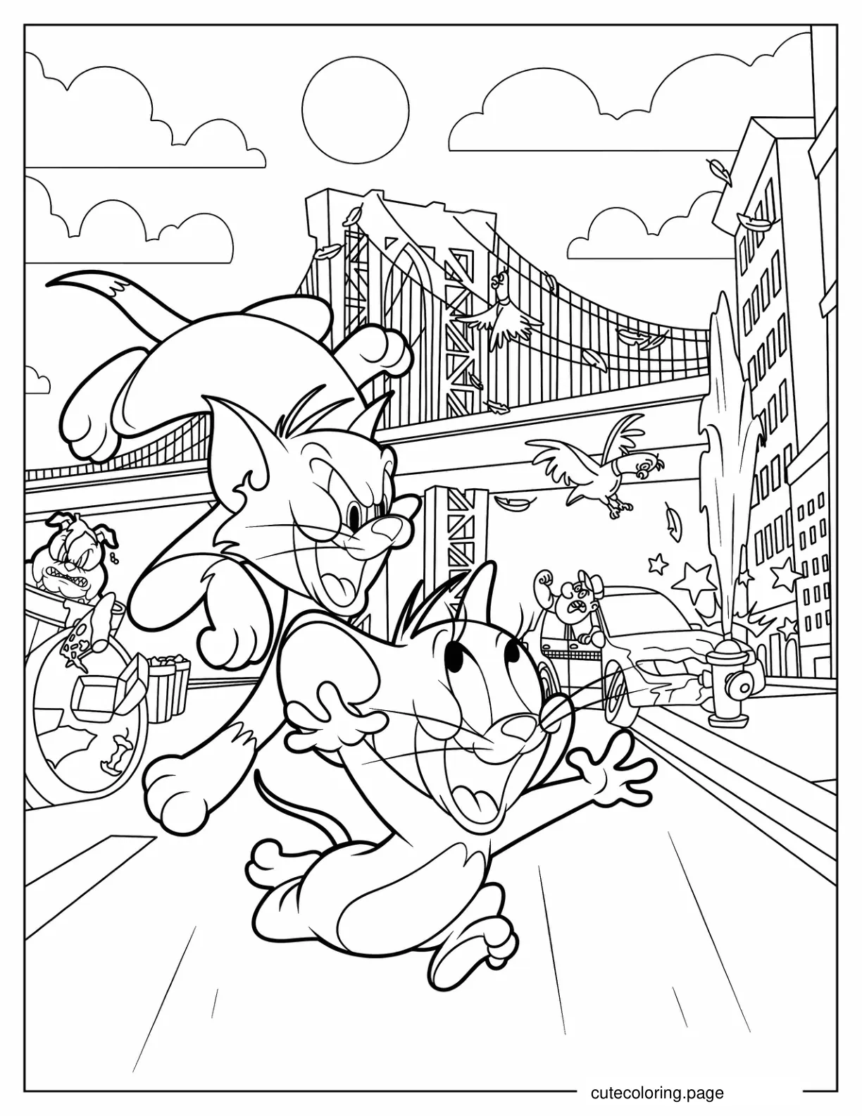 Detailed Tom and Jerry Characters in City coloring page