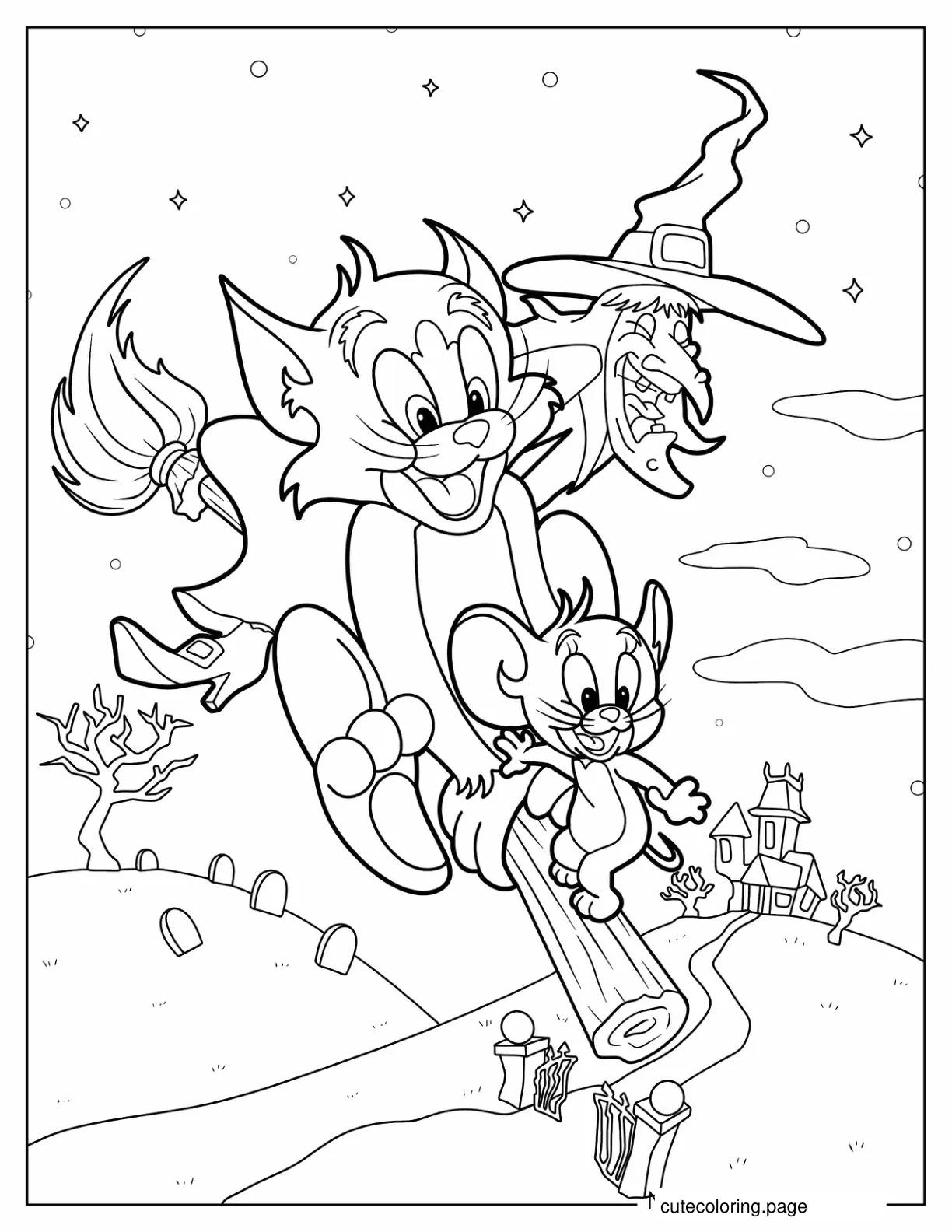 Halloween Coloring Sheet of Tom and Jerry with Witch coloring page