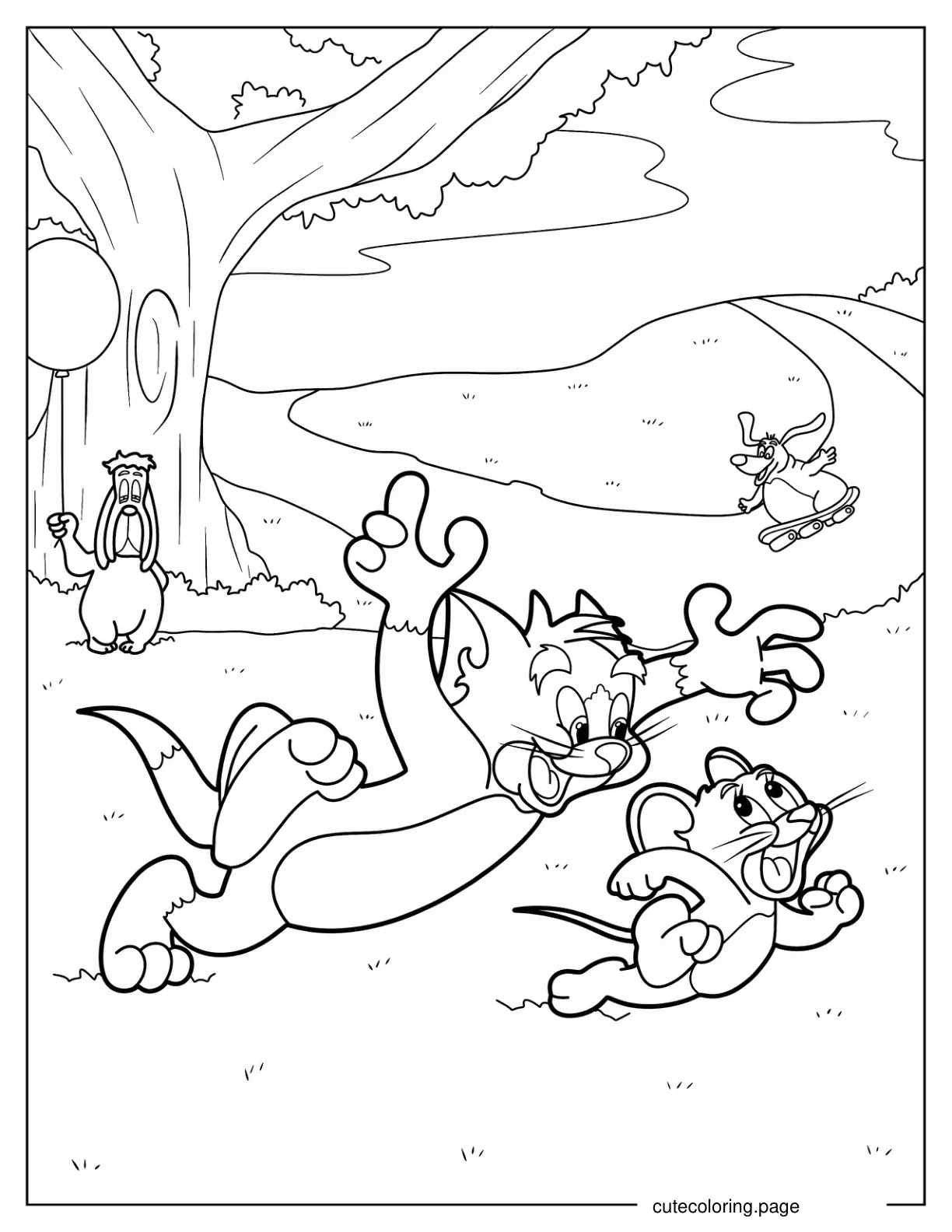 Tom Chasing Jerry With Droopy in Background coloring page