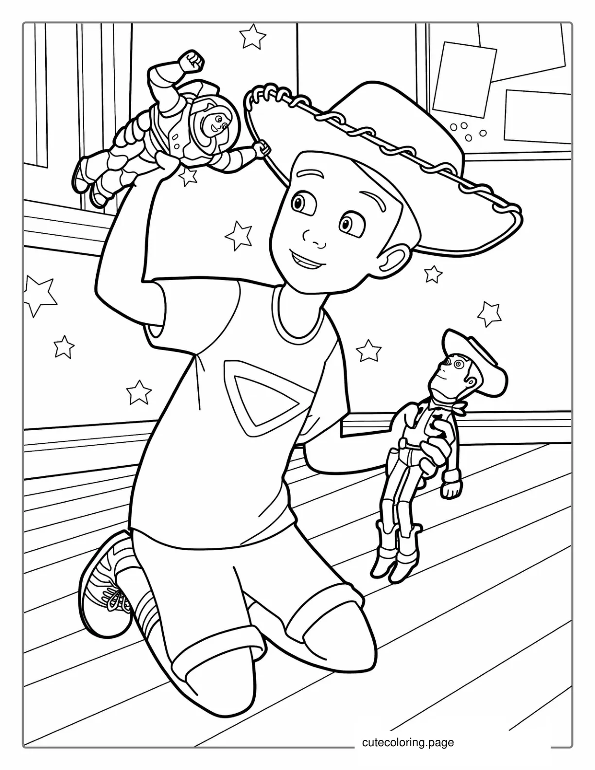 Andy Playing With Buzz And Woody Coloring Page coloring page