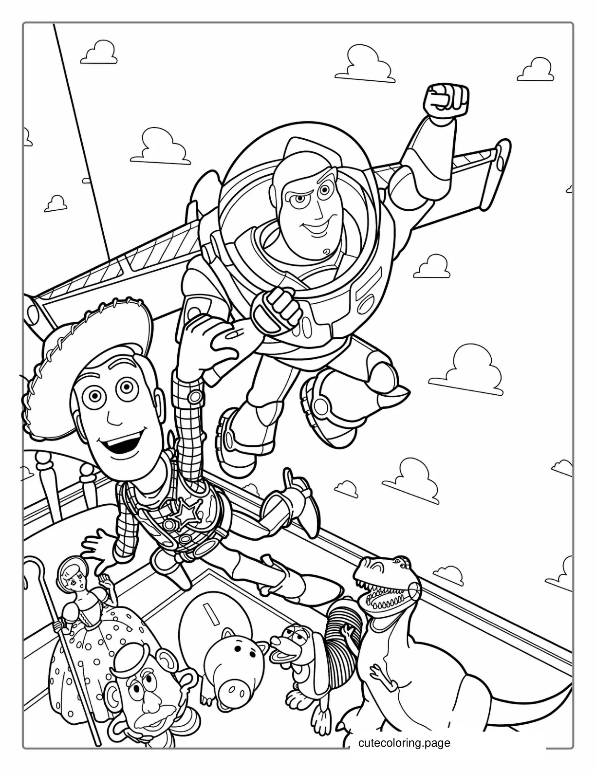 Buzz Lightyear Flying With Woody coloring page