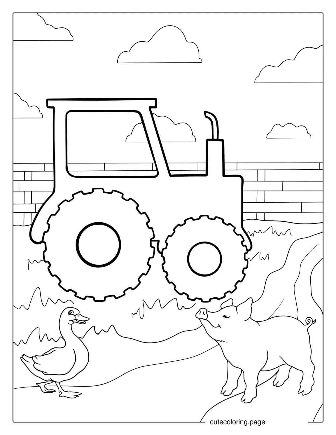 Tractor On Field With Pigs coloring page