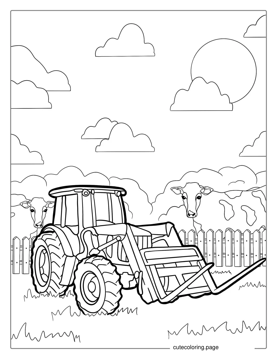 Tractor With Cows In The Background coloring page