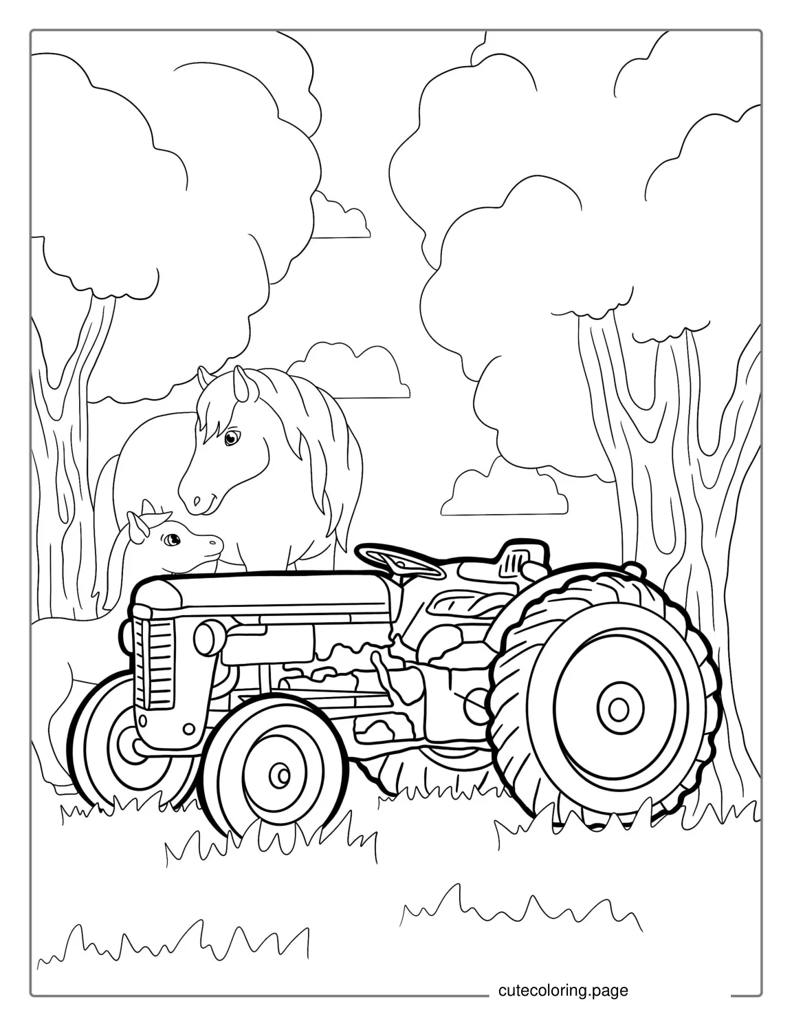 Vintage Tractor In Field With Horses coloring page