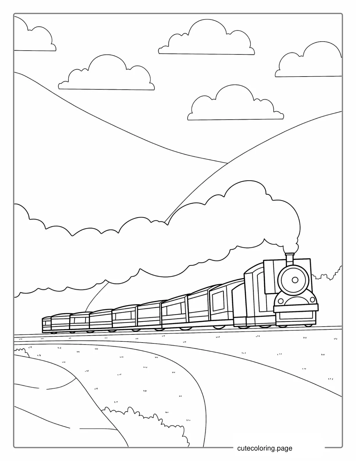 Coloring Page Of a Steam Train And Carriage Near Mountains coloring page