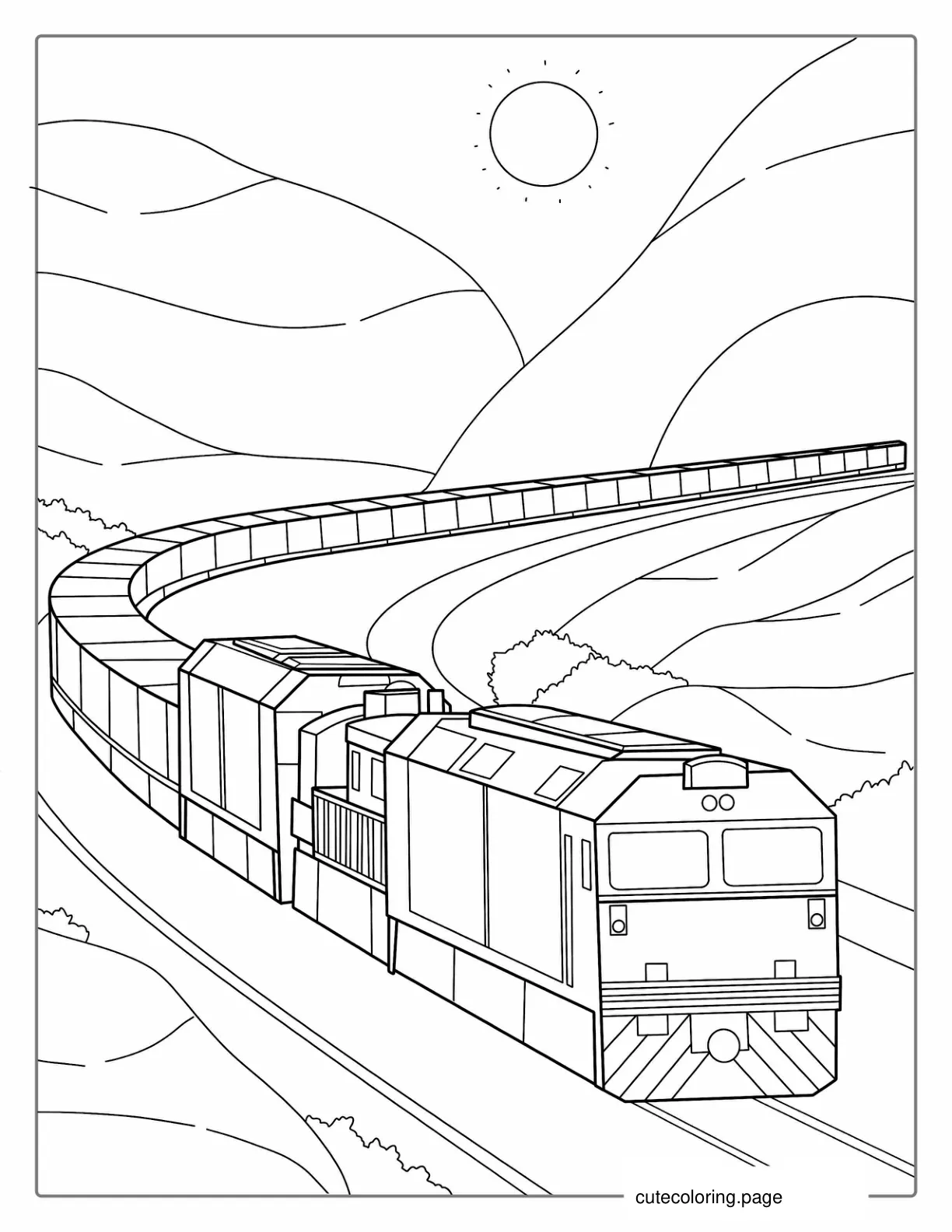 Long Freight Train Coloring Page For Kids coloring page