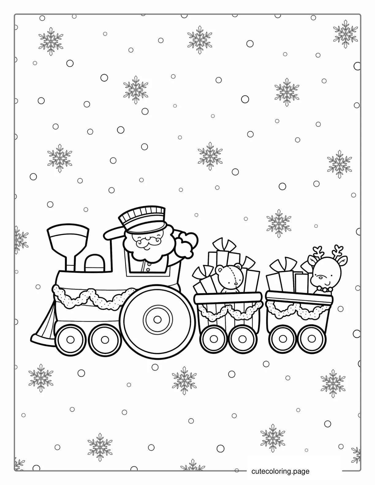 Santa And Reindeer On a Train To Color coloring page