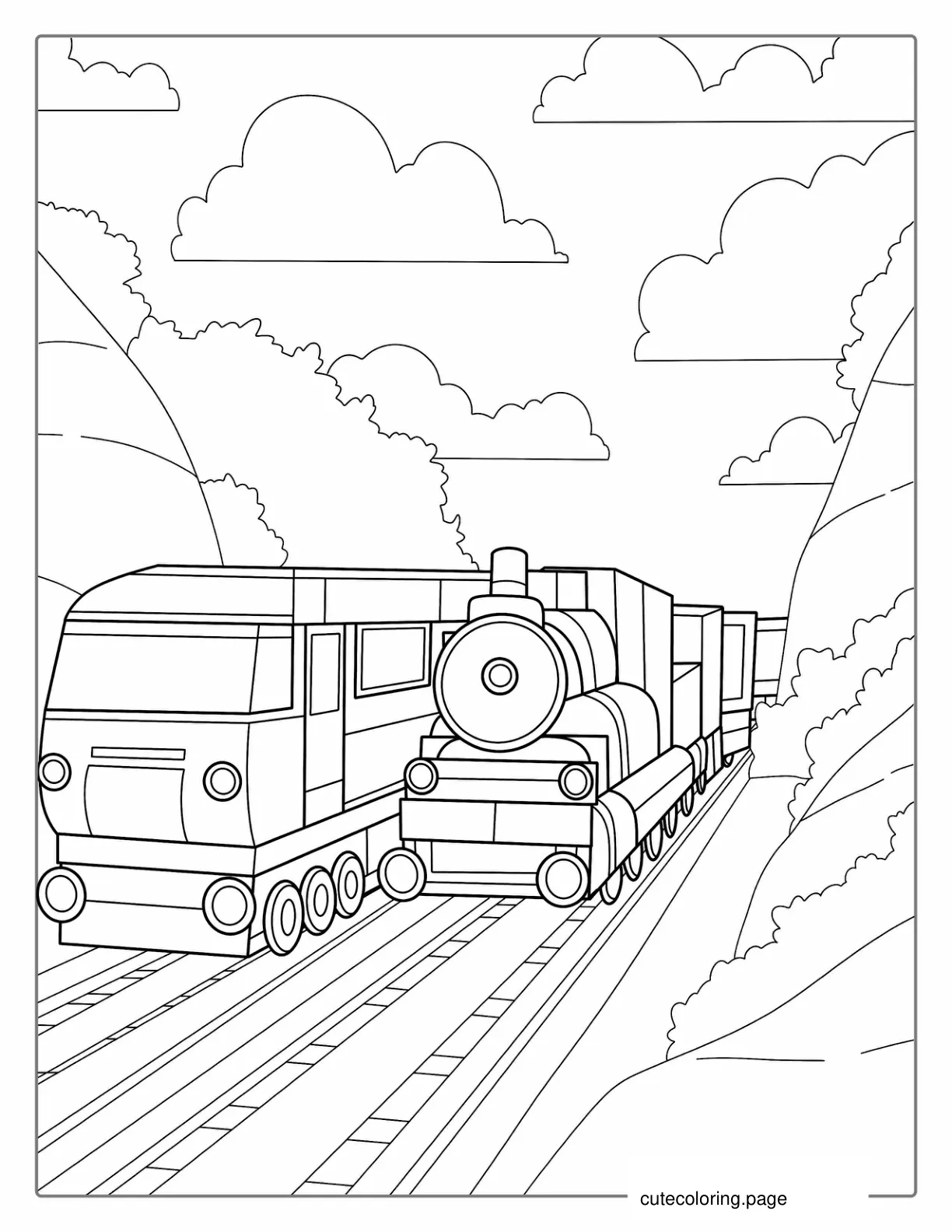 Two Trains On Tracks Through Valley coloring page