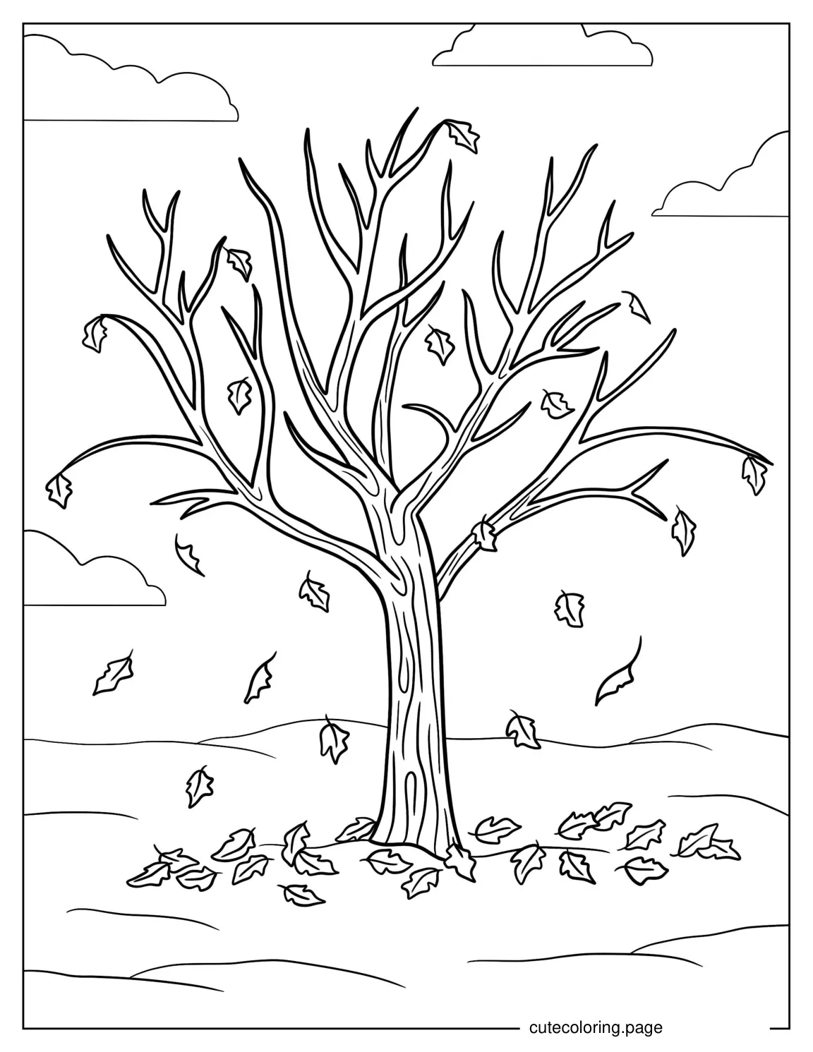 Autumn Tree With Falling Leaves To Color coloring page