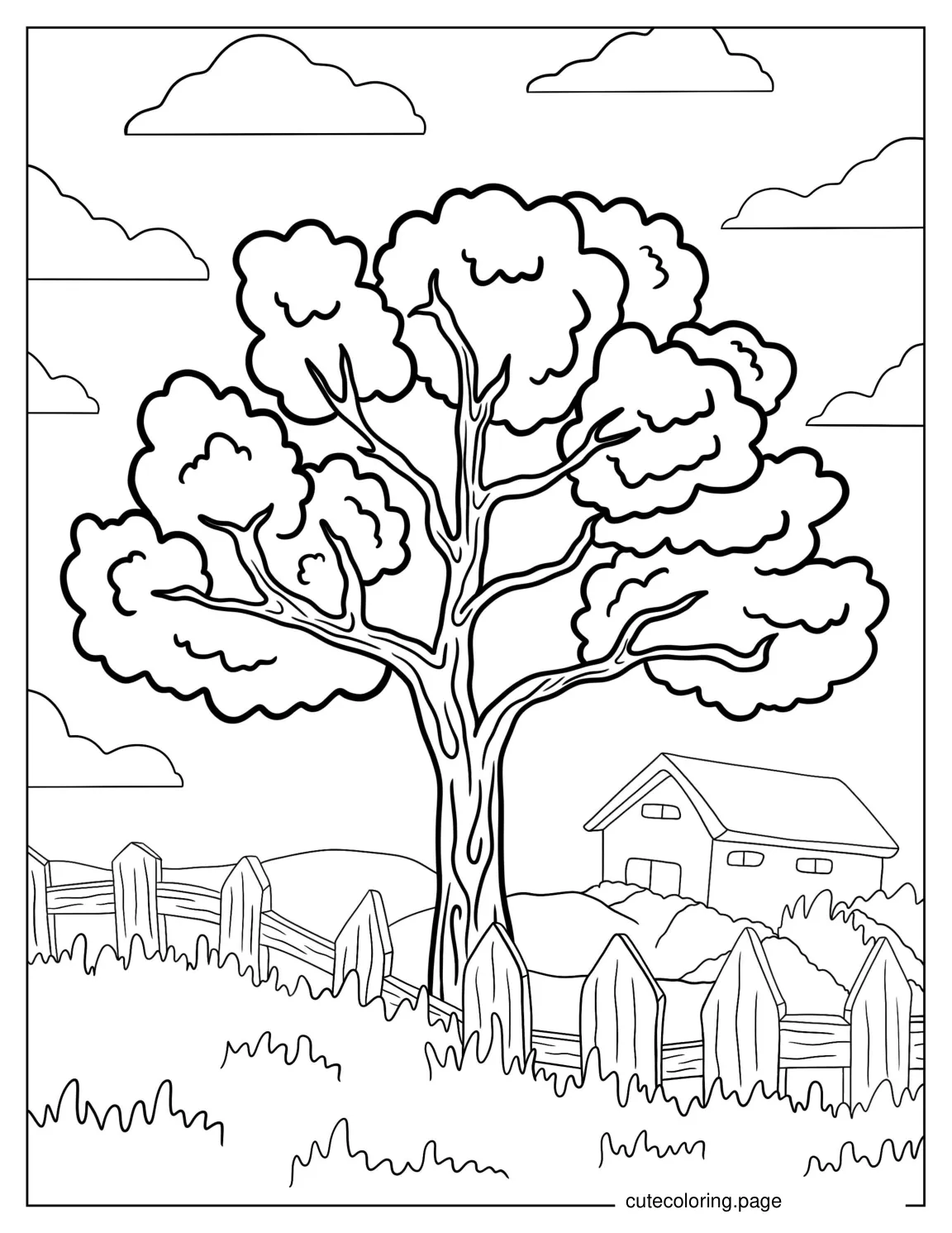 Detailed Tree Next To a Fence To Color coloring page