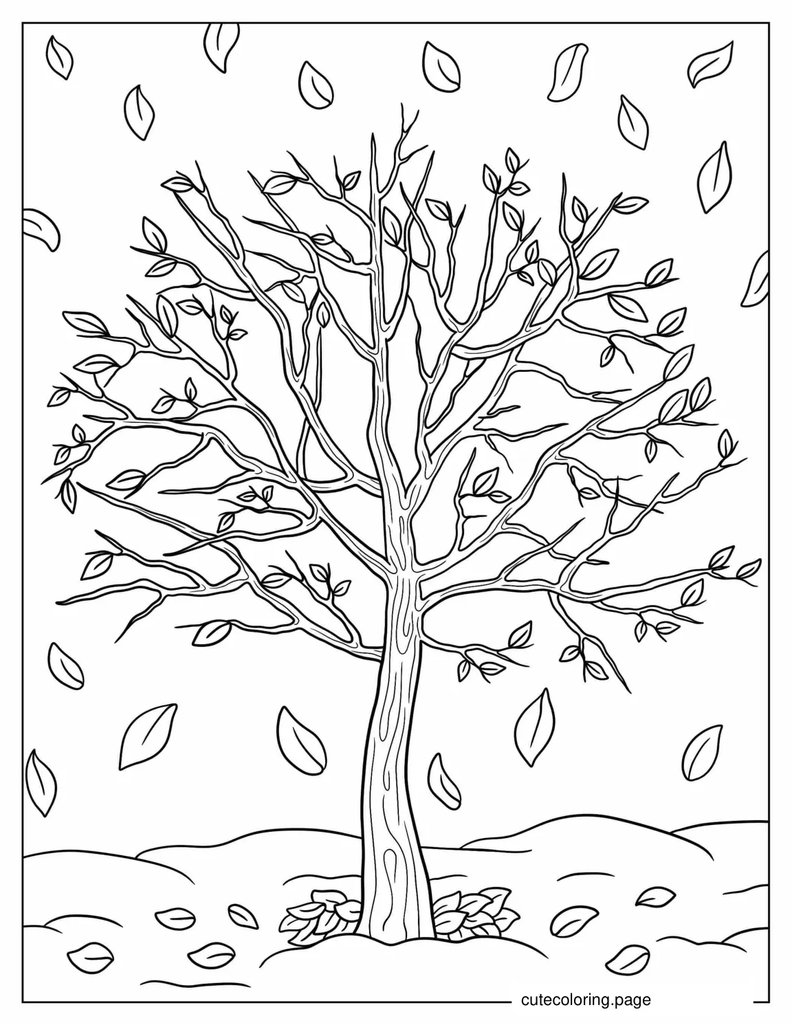 Fall Tree With Leaves Falling To Color coloring page