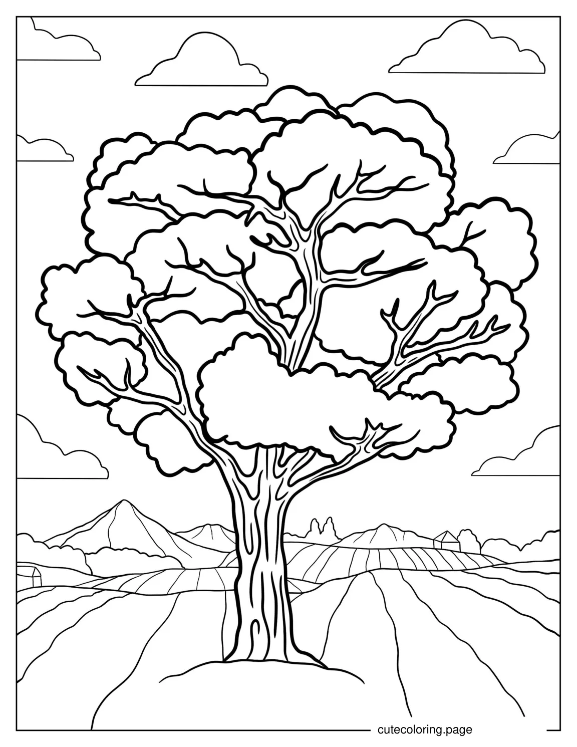 Realistic Looking Tree In Field To Color coloring page