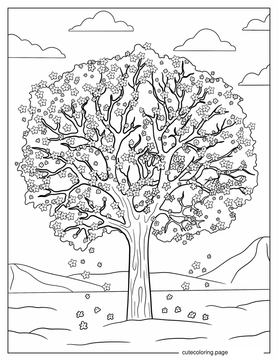 Spring Tree With Blossoming Flowers To Color coloring page