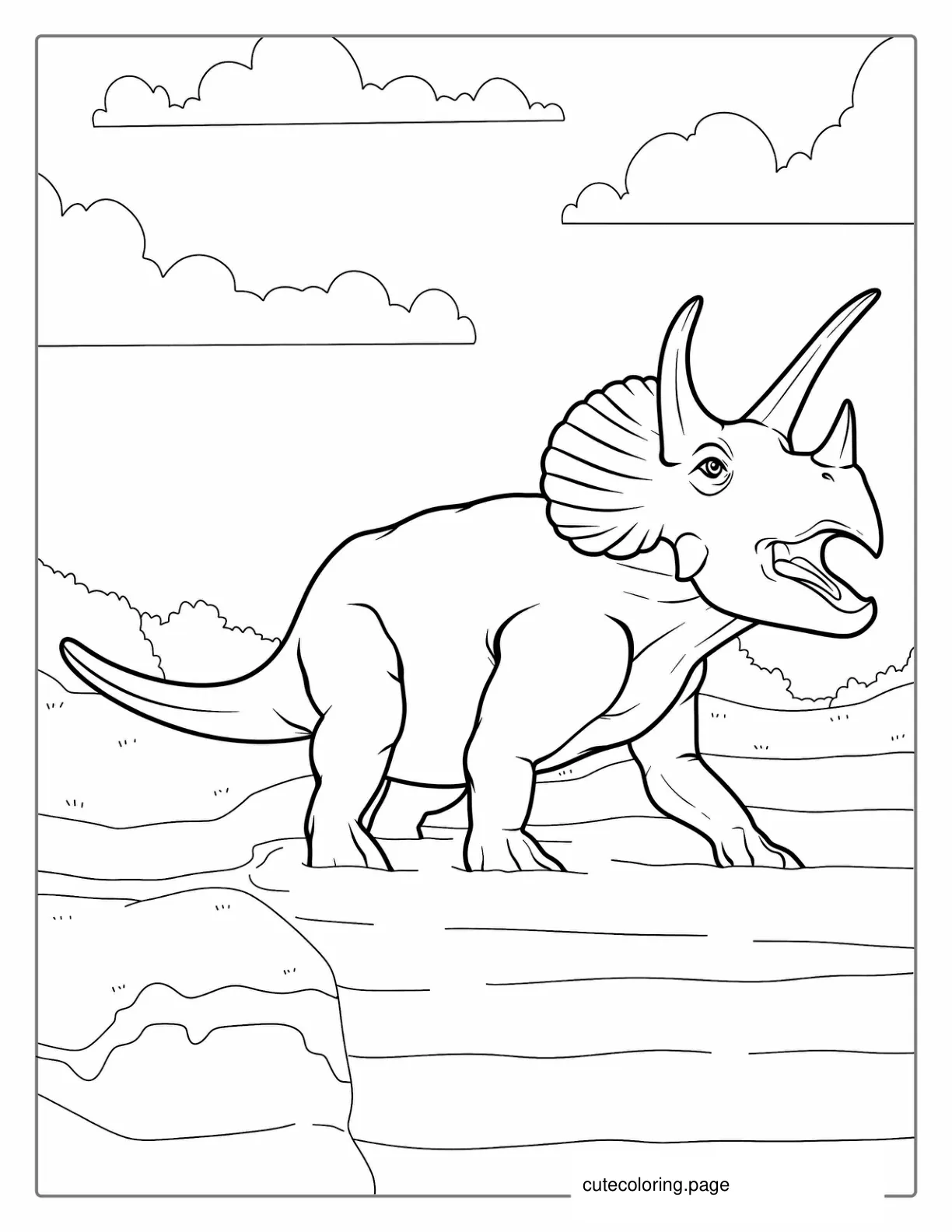 Adult Triceratops Walking Into Water Coloring Sheet coloring page