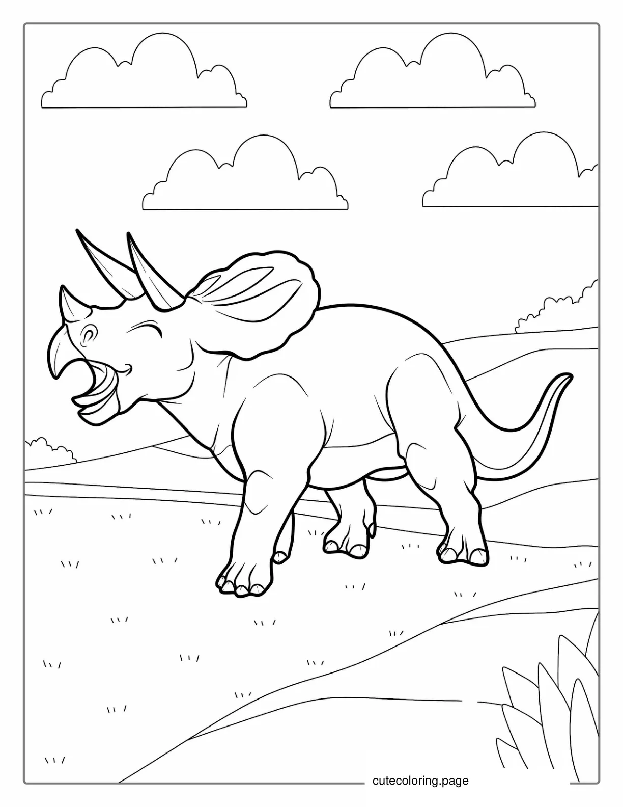 Happy Triceratops Walking In Field To Color coloring page