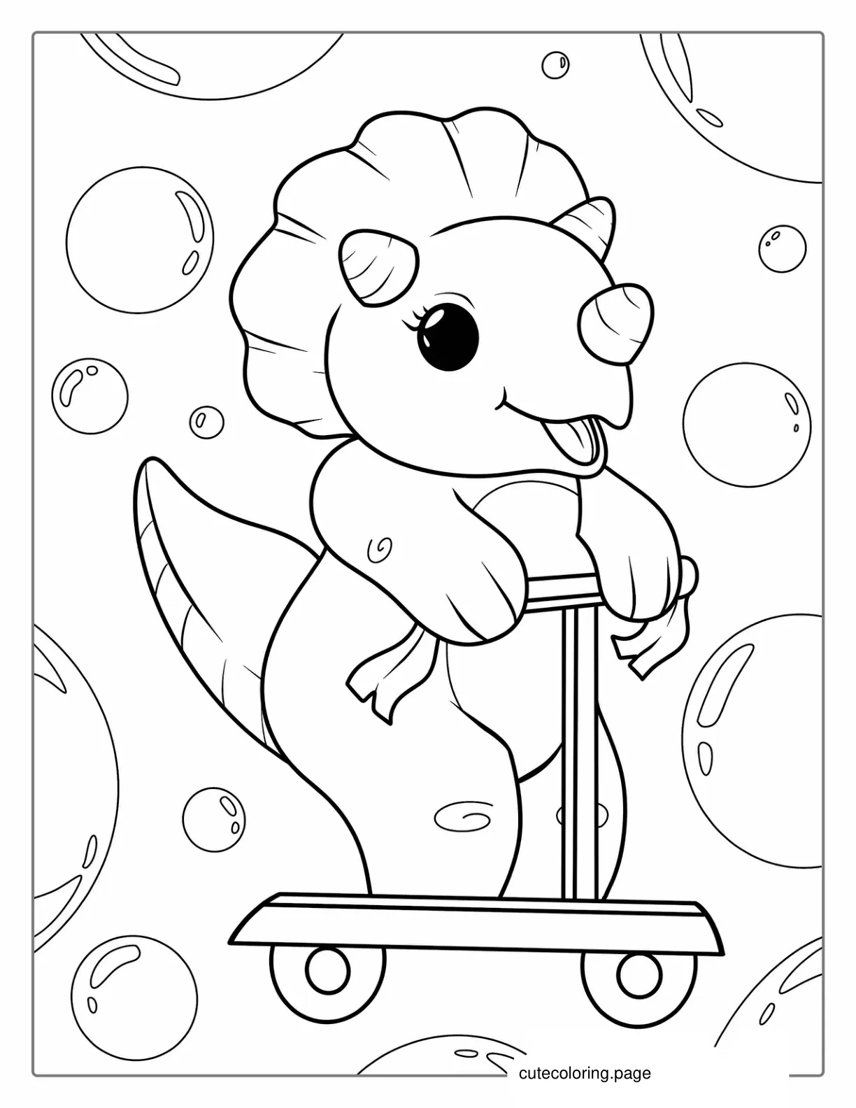 Kawaii Themed Triceratops Riding a Scooter To Color coloring page