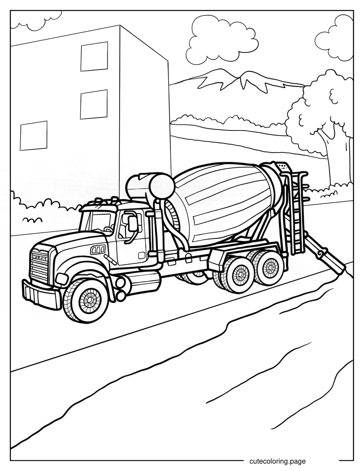 Cement Truck Pouring Out Concrete To Color coloring page