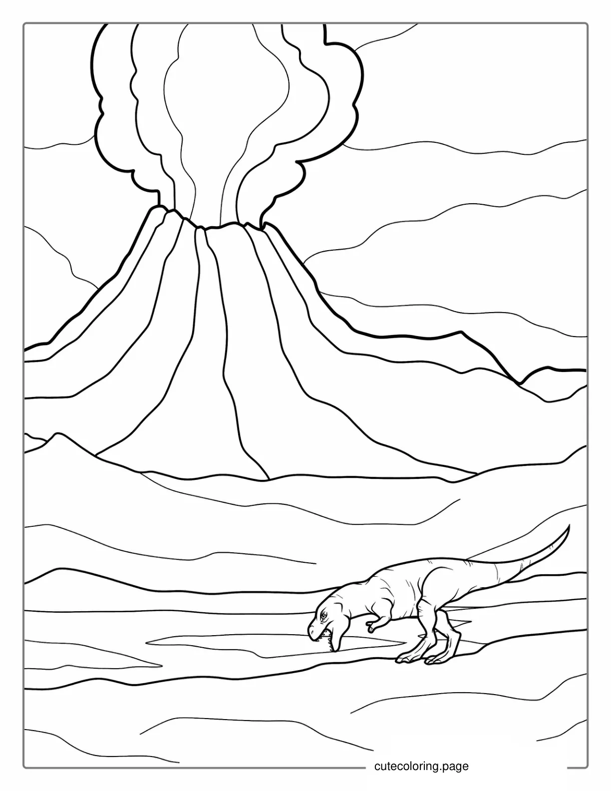 Coloring Page Of a Volcano Erupting With Dinosaur coloring page