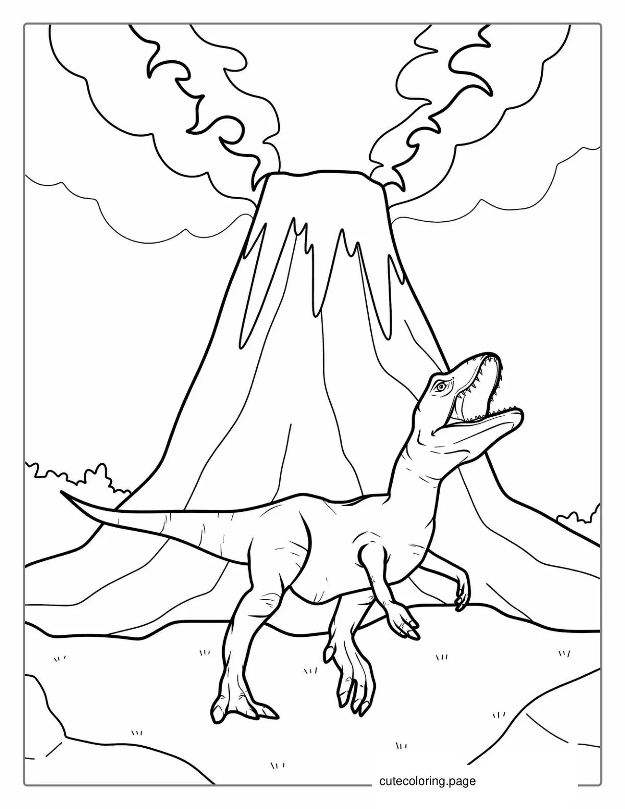 Dinosaur With Volcano Erupting Behind It coloring page