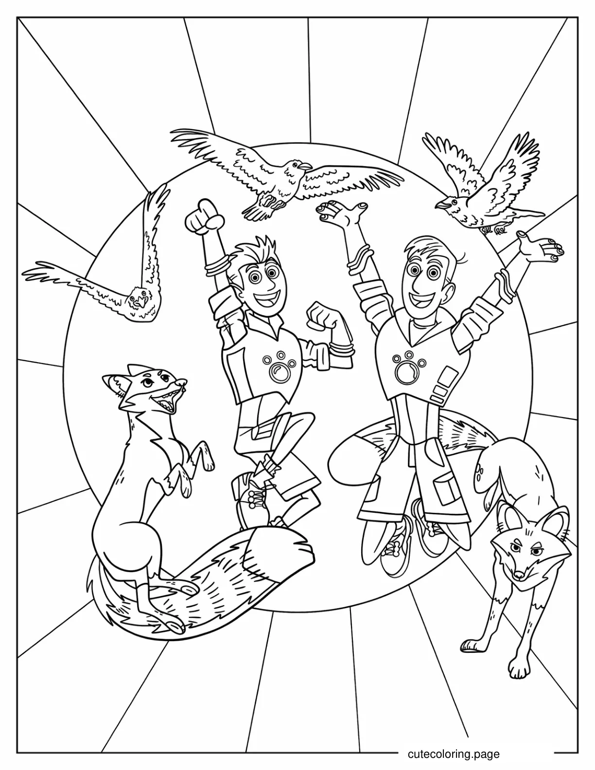 Chris And Martin Kratt With Birds And Foxes coloring page