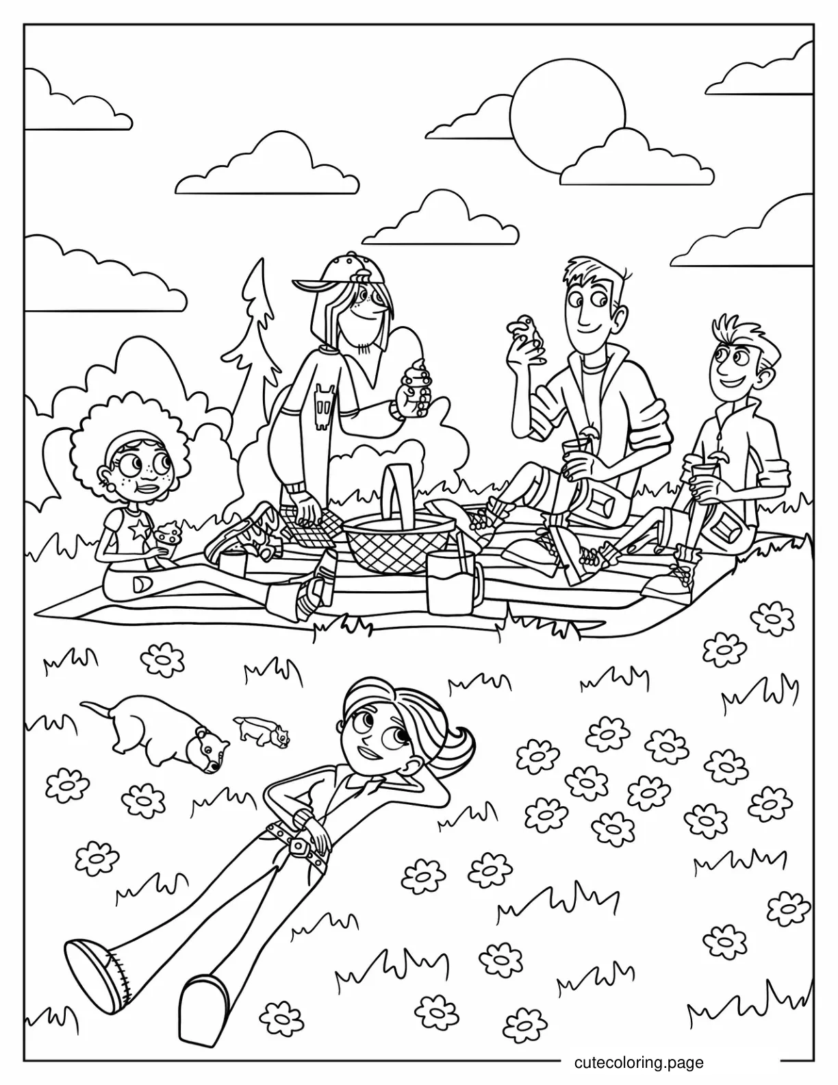 Chris Kratt Martin Kratt Jimmy Z Koki And Aviva Having A Picnic coloring page