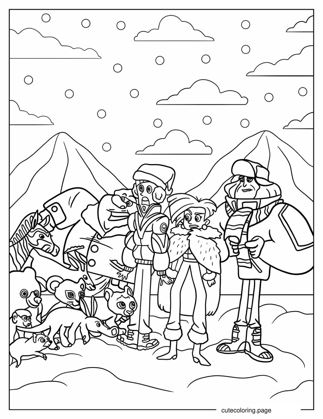 Gaston Zach Donita And Dabio With Animals In Winter coloring page