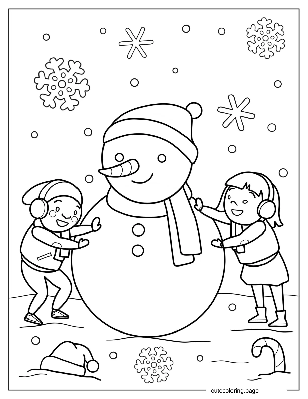 Boy And Girl Making Snowman coloring page