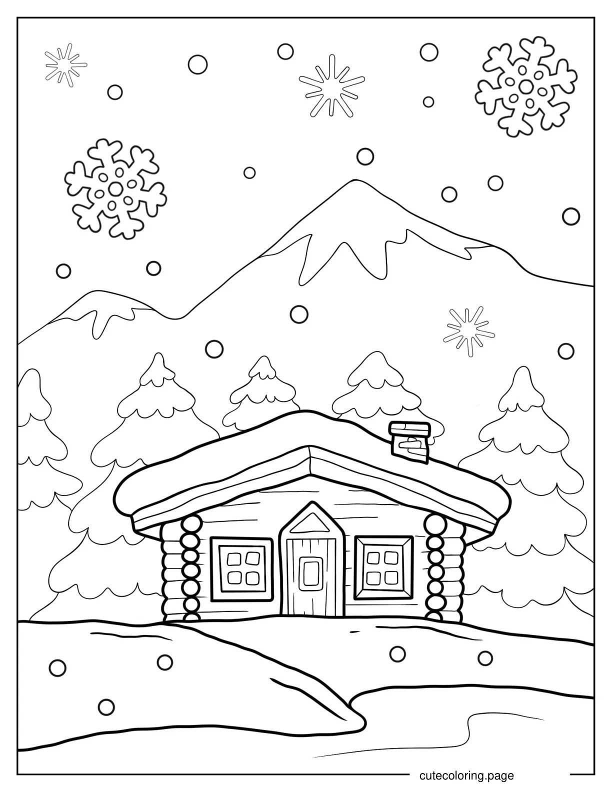 Cabin And Mountains In Winter Coloring Page coloring page