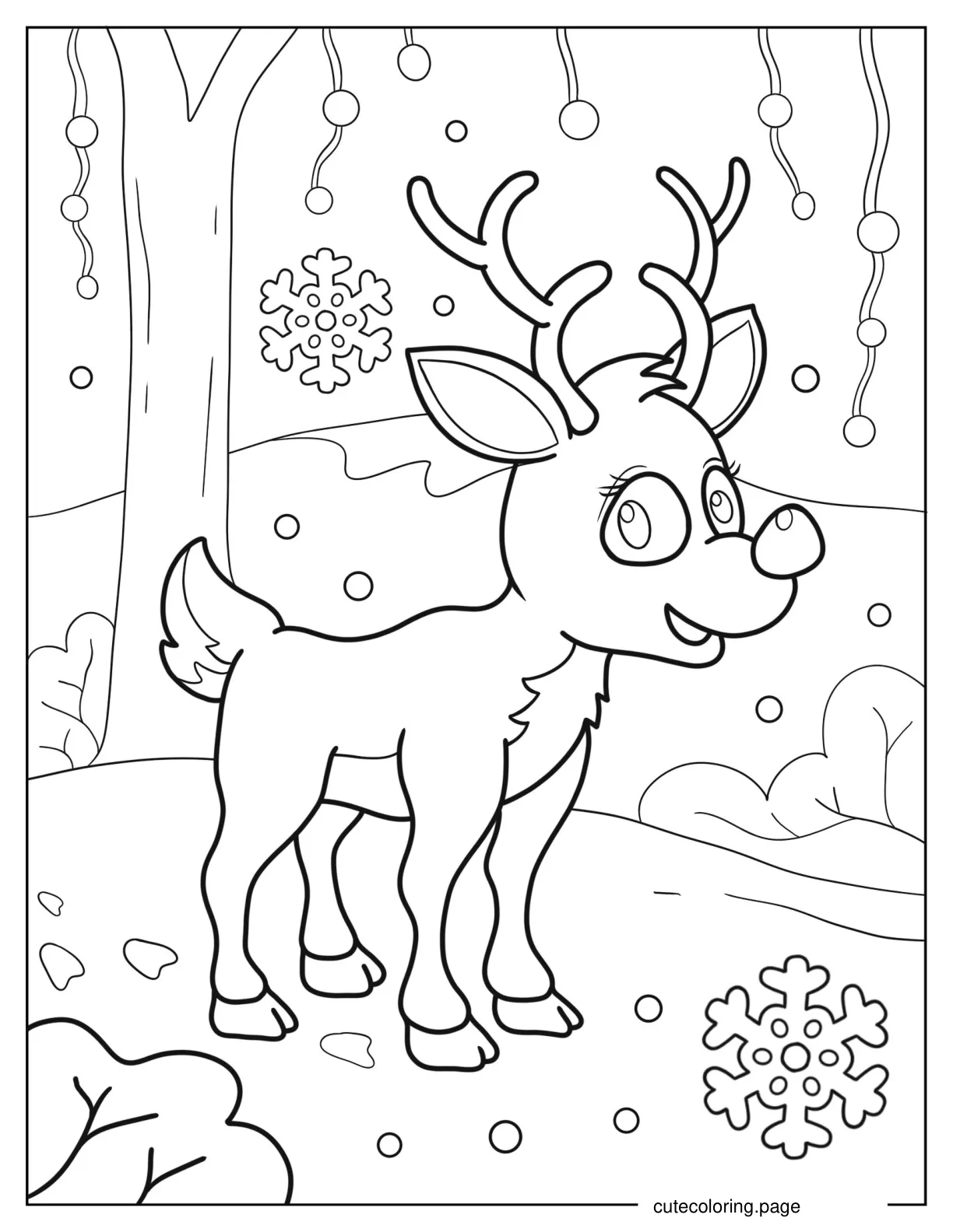 Cartoon Rudolph In Snowy Landscape Coloring Sheet coloring page