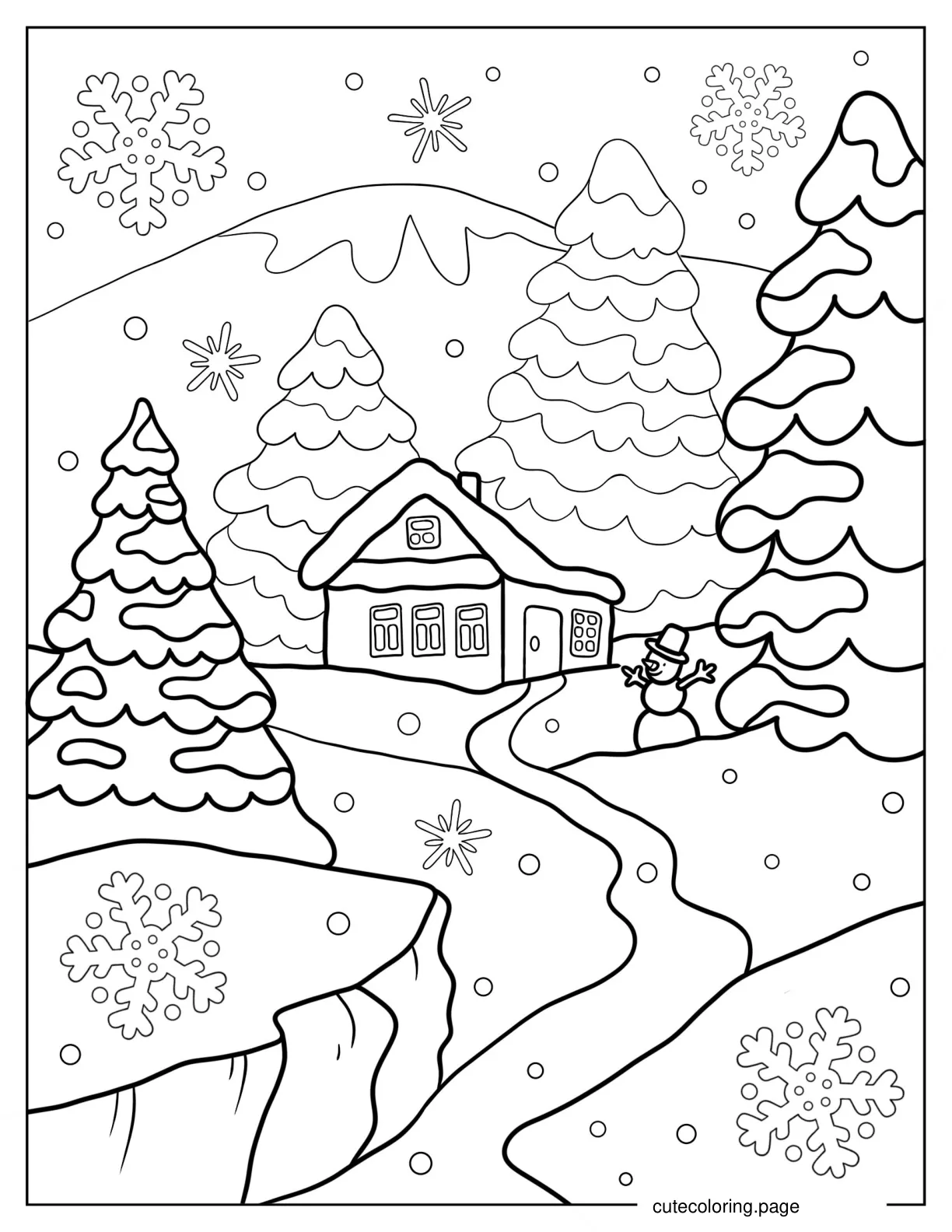 Christmas Winter Landscape With Cottage Coloring Page coloring page