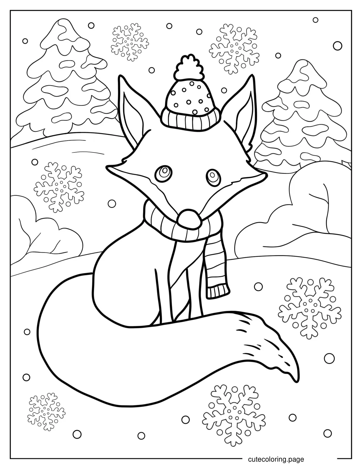 Cute Fox With Hat In Snowy Forest coloring page