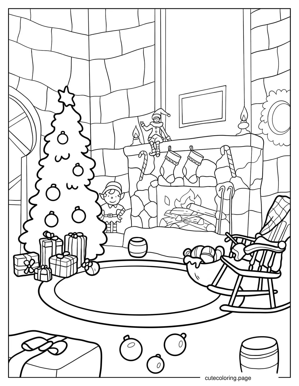 Detailed Living Room With Fireplace On Christmas coloring page