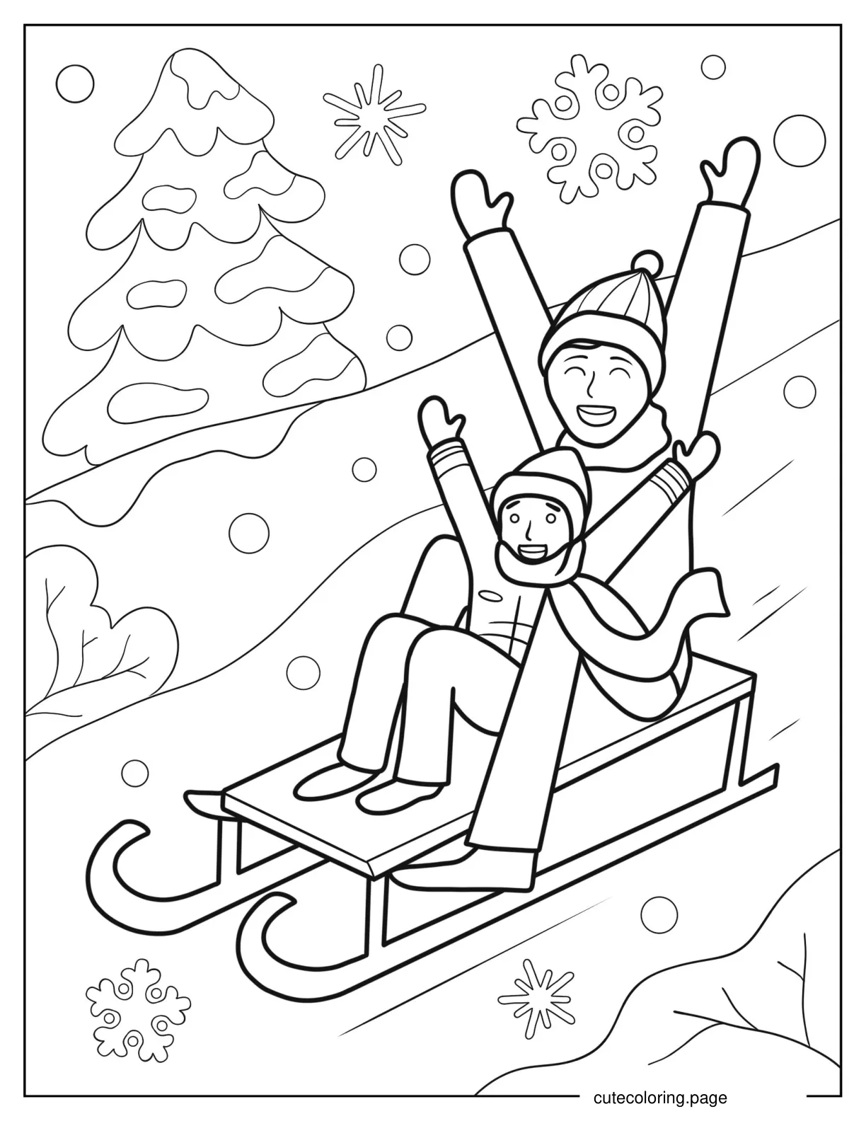 Father And Son Riding Sled In Winter coloring page