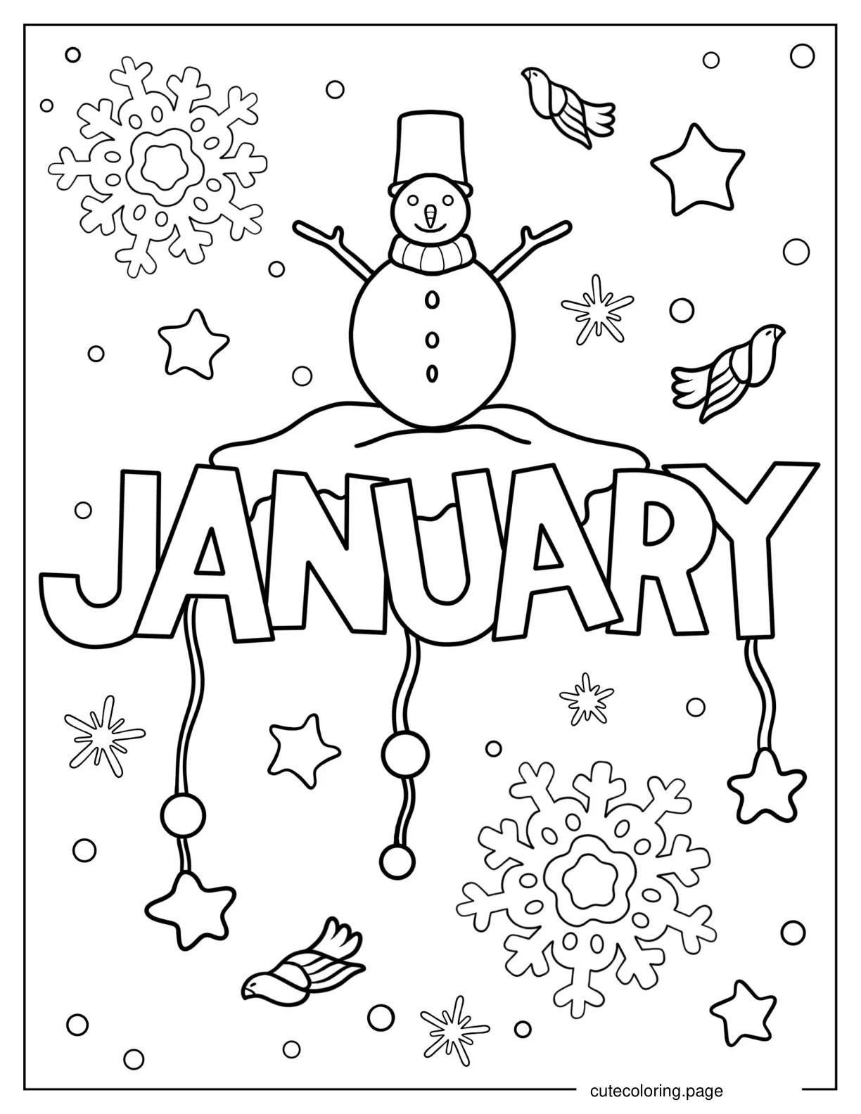 January Winter With Snowman Coloring Page coloring page