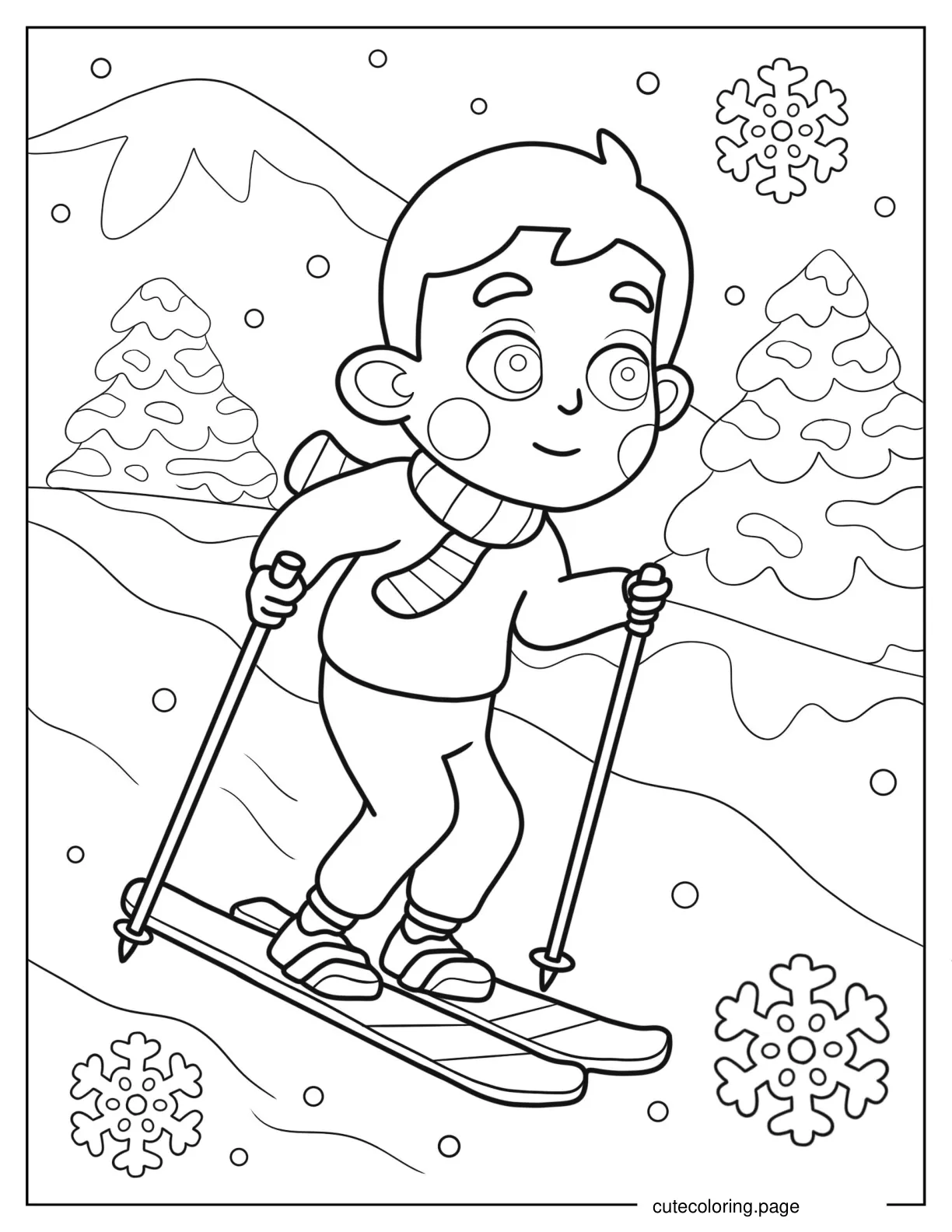 Kawaii Boy Skiing In Winter Coloring Page coloring page