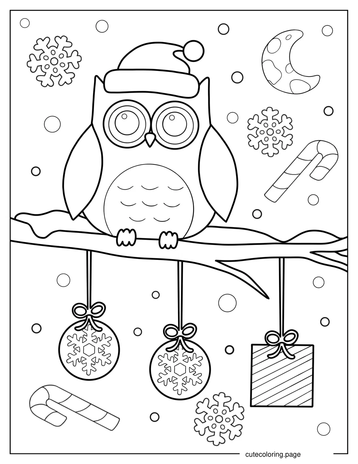 Owl Wearing Santa Hat In Winter Coloring Page coloring page