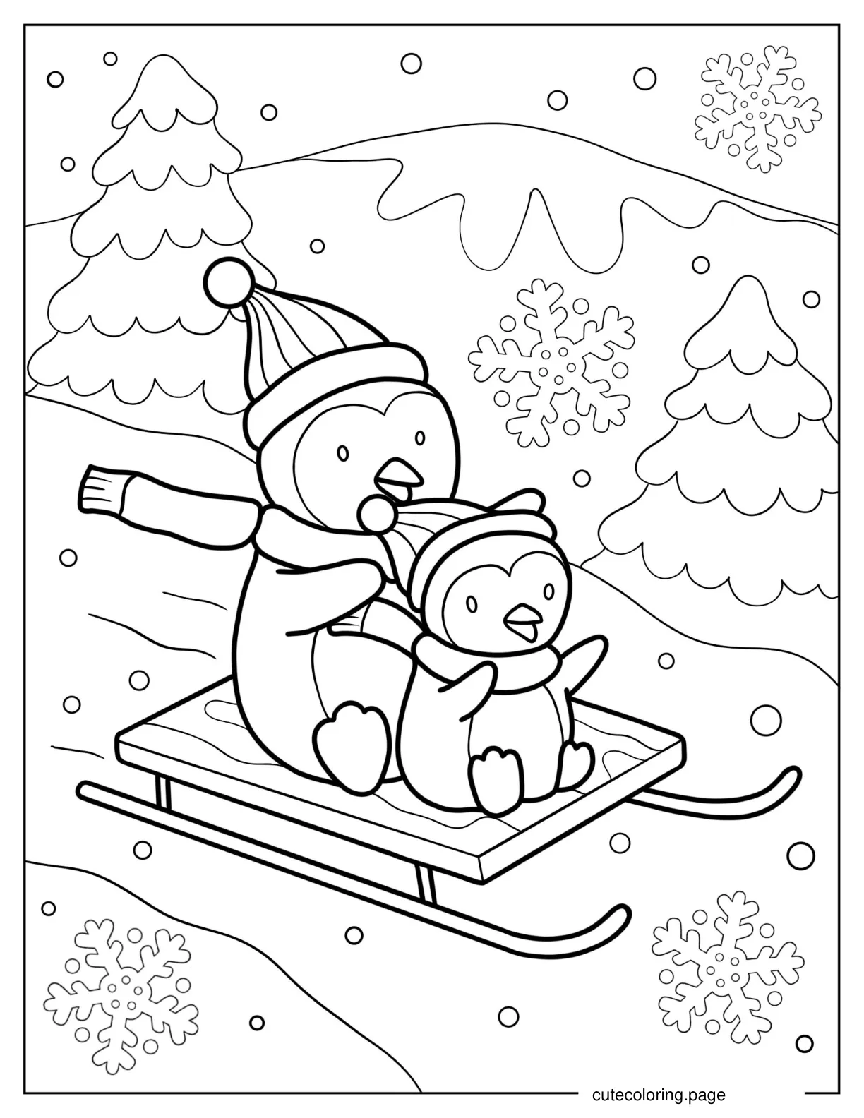 Penguins Riding Sleigh In Winter coloring page