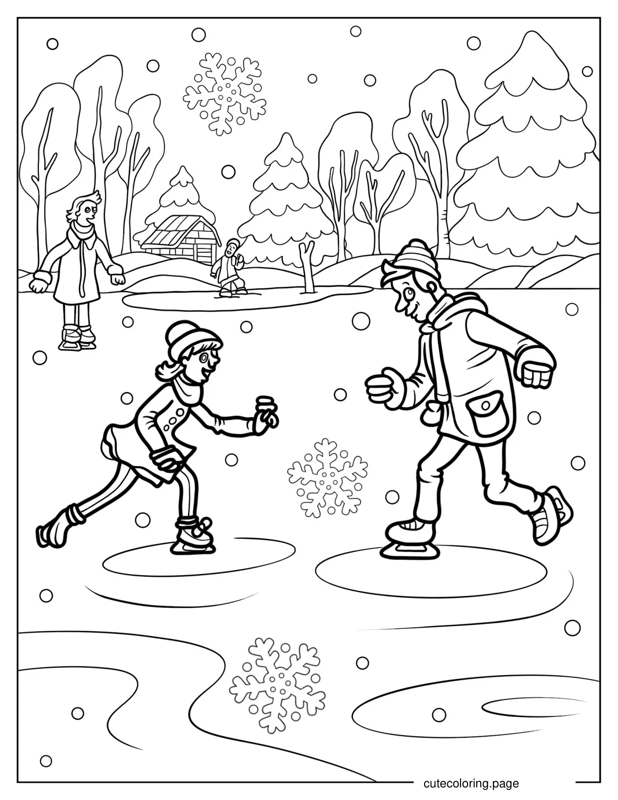 People Ice Skating In Winter Coloring In For Kids coloring page