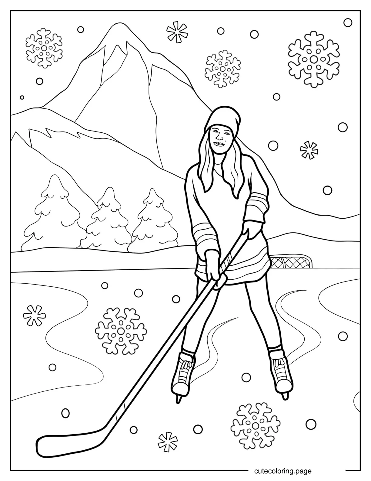 Realistic Girl Playing Ice Hockey coloring page