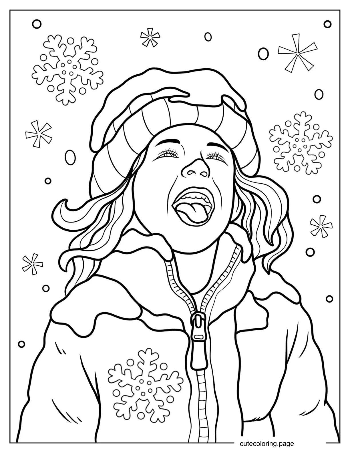 Realistic Girl Playing In Snow Coloring Page coloring page