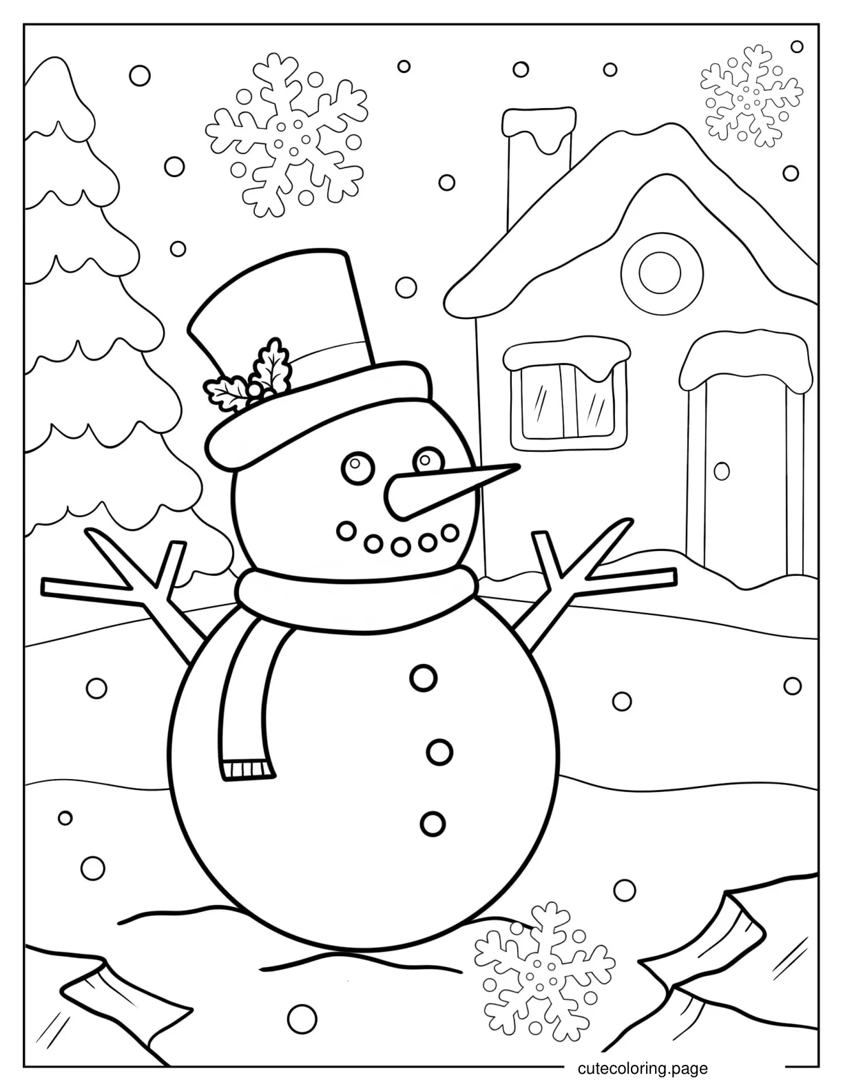 Snowman Outside House On Snowy Day Coloring In coloring page