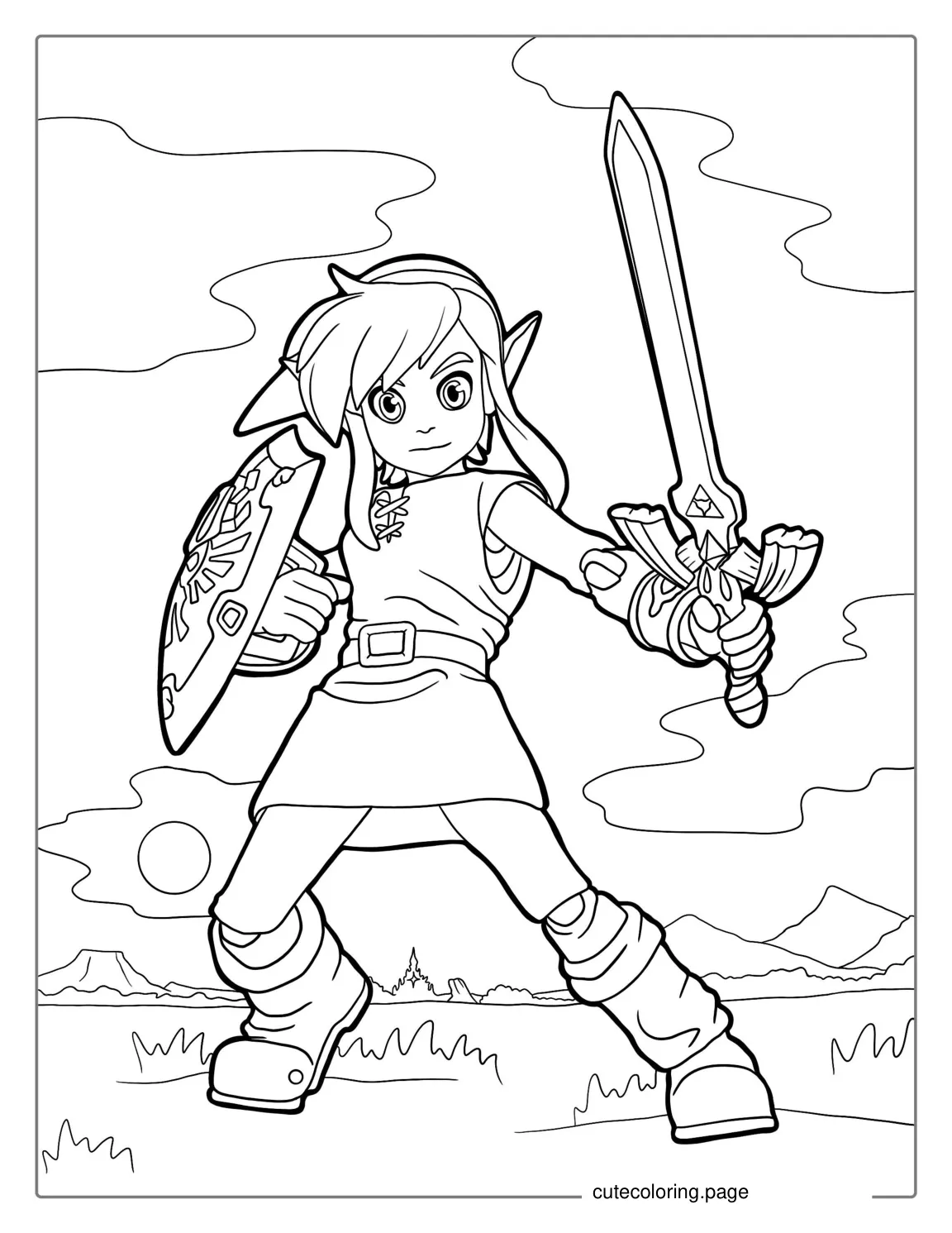 Link Holding Shield And Sword Coloring Page coloring page