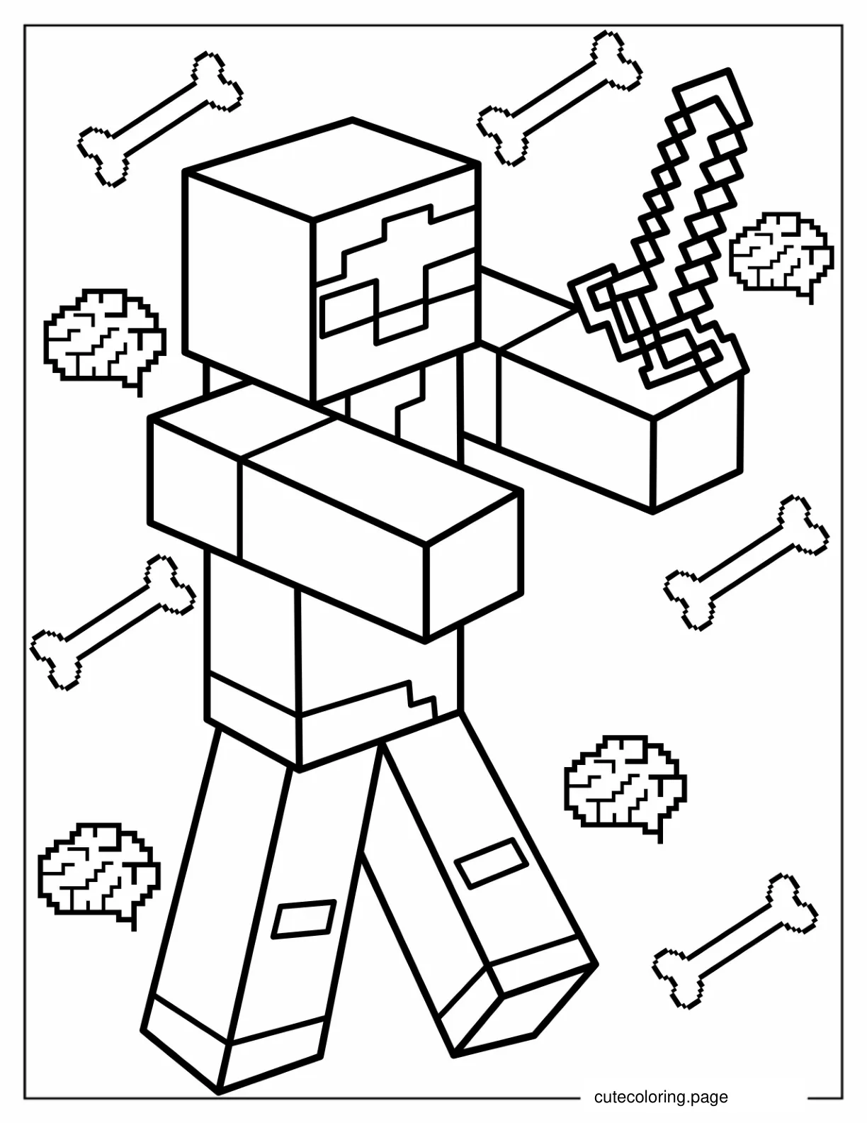 Minecraft Zombie With Brains Coloring Page coloring page